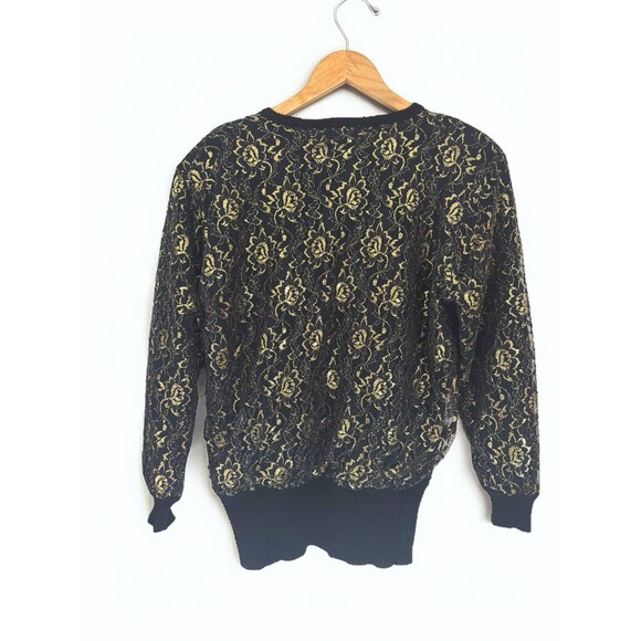 Destinee Womens S 70s Lambswool Sweater Black Gold Metallic Floral Lace Vintage - Picture 11 of 16